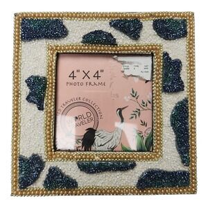World Traveler Beaded Embellished 4x4 Photo Picture Frame Pearls